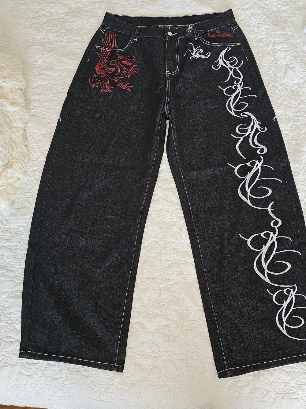 Black Embroidered Men’s Jeans with White Scroll & Red Eagle Detail